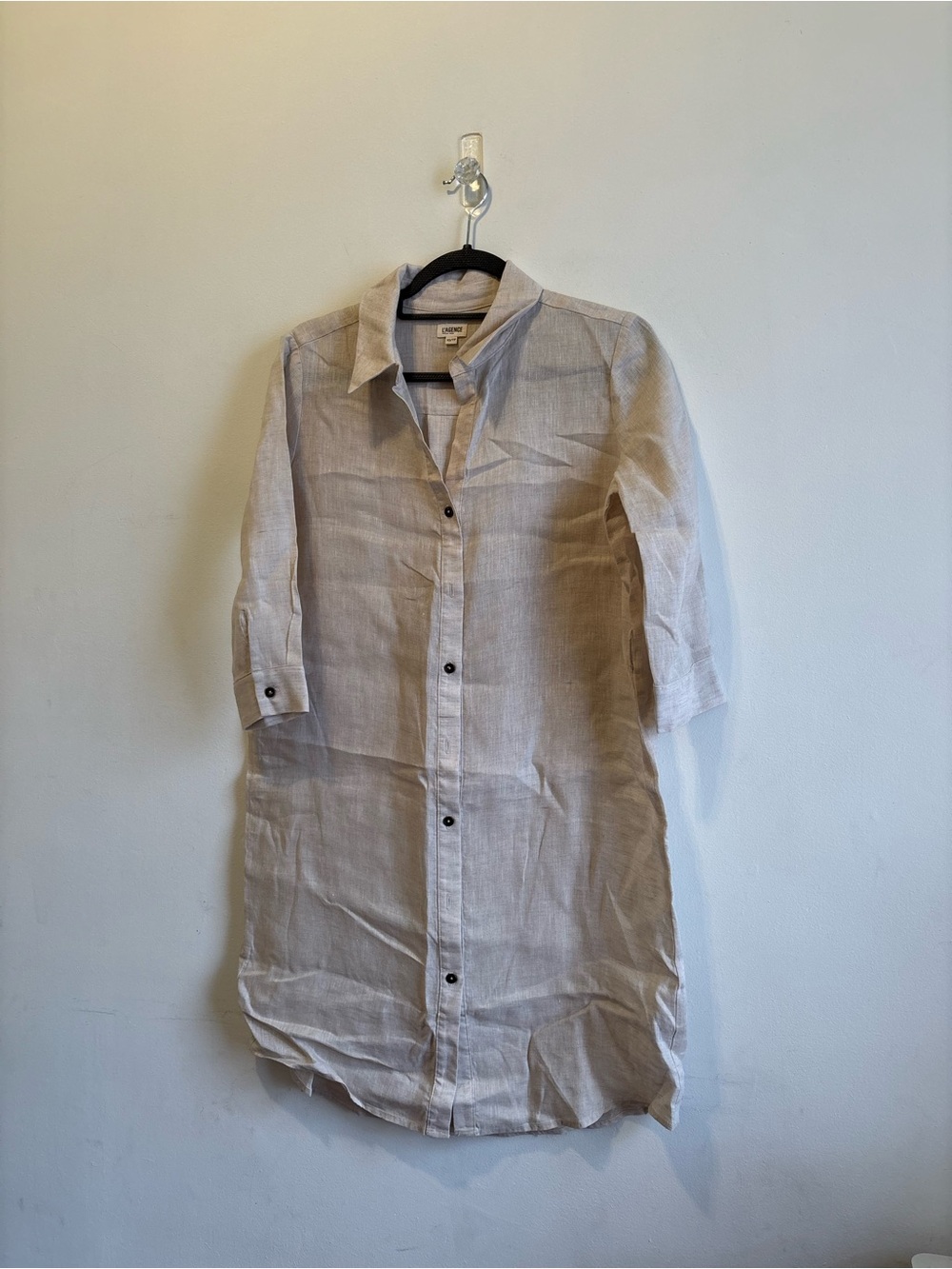 L'AGENCE Light Beige Linen Button-Front Midi Shirt Dress